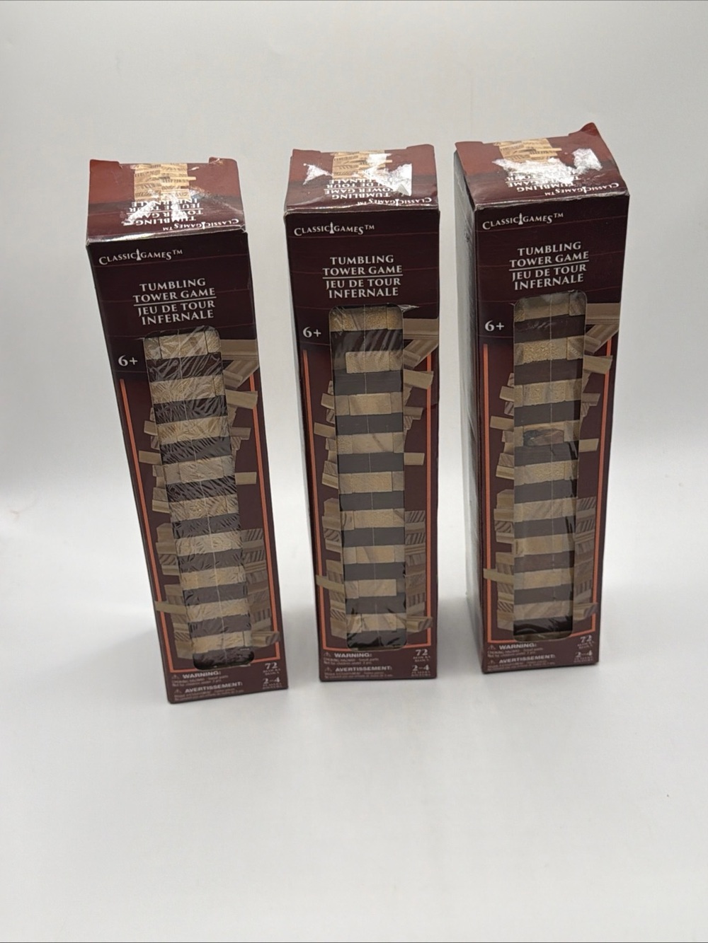 Lot of 3 Classic Games Tumbling Tower Wood Stacking Game 72 Blocks Brown Tan